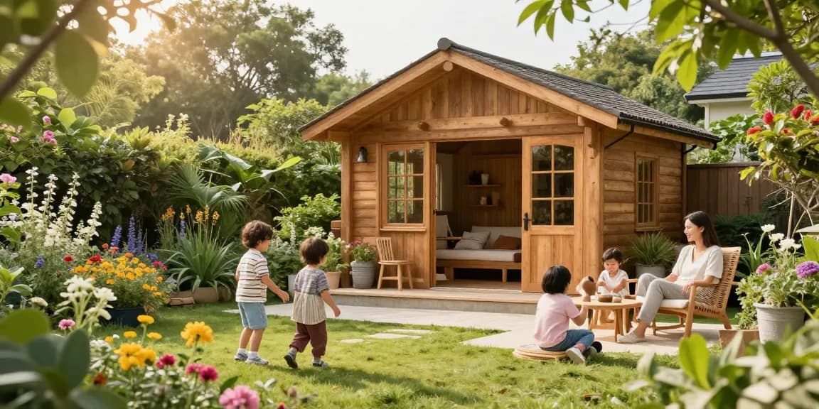 Schönes Gartenhaus, umgeben von Blumen, Familienaktivitäten im Freien.