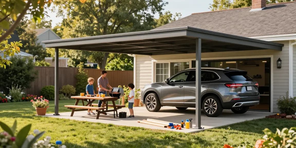 Moderne Carport mit SUV und Familie beim Grillen im Garten.